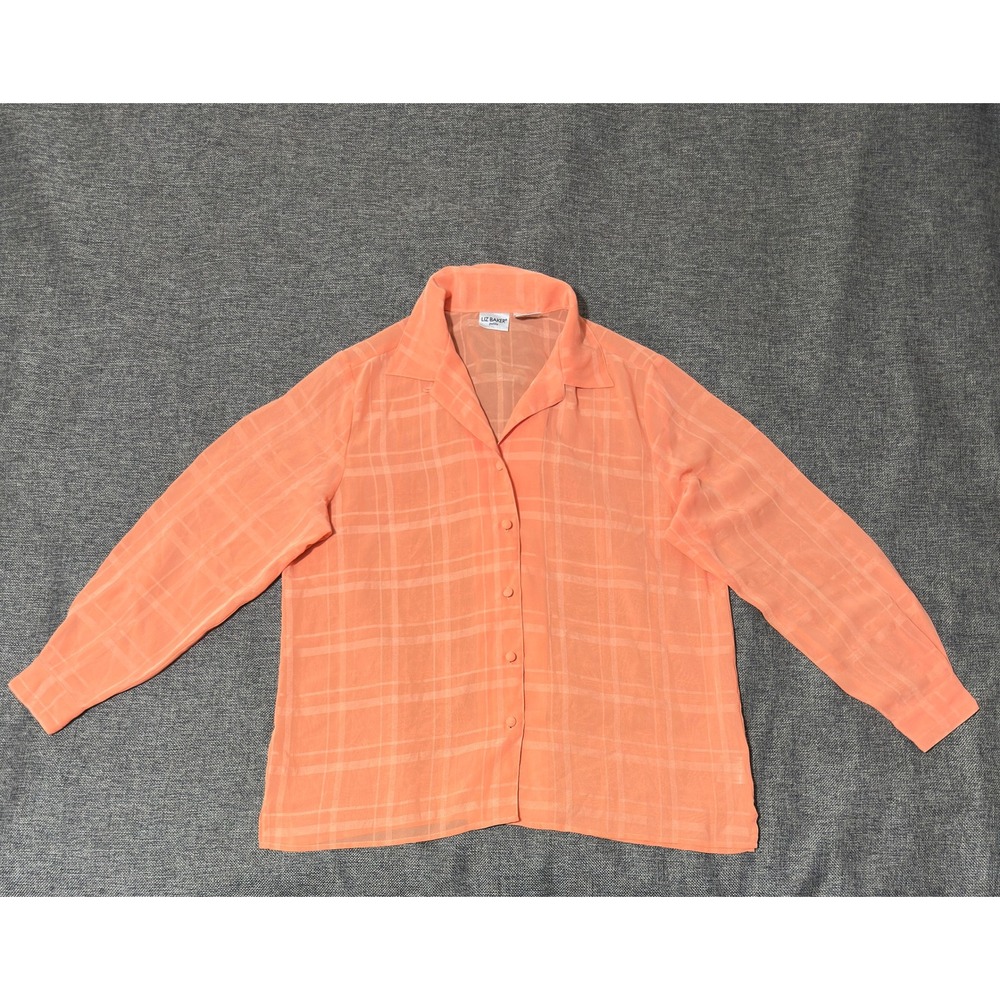 Liz Baker Women's 14P Button Up Blouse Peach Plaid Sheer Petite